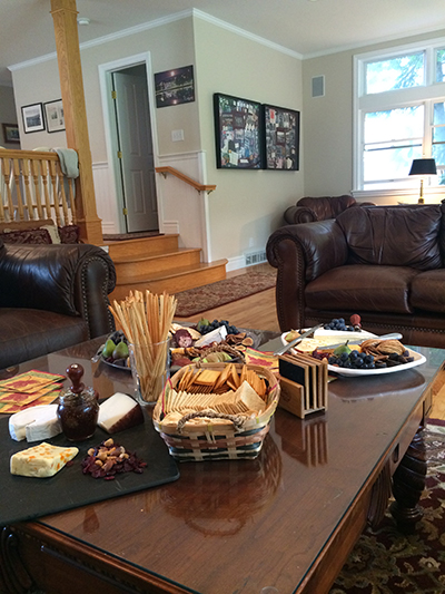 Photo of the common great room with snacks on a coffee table